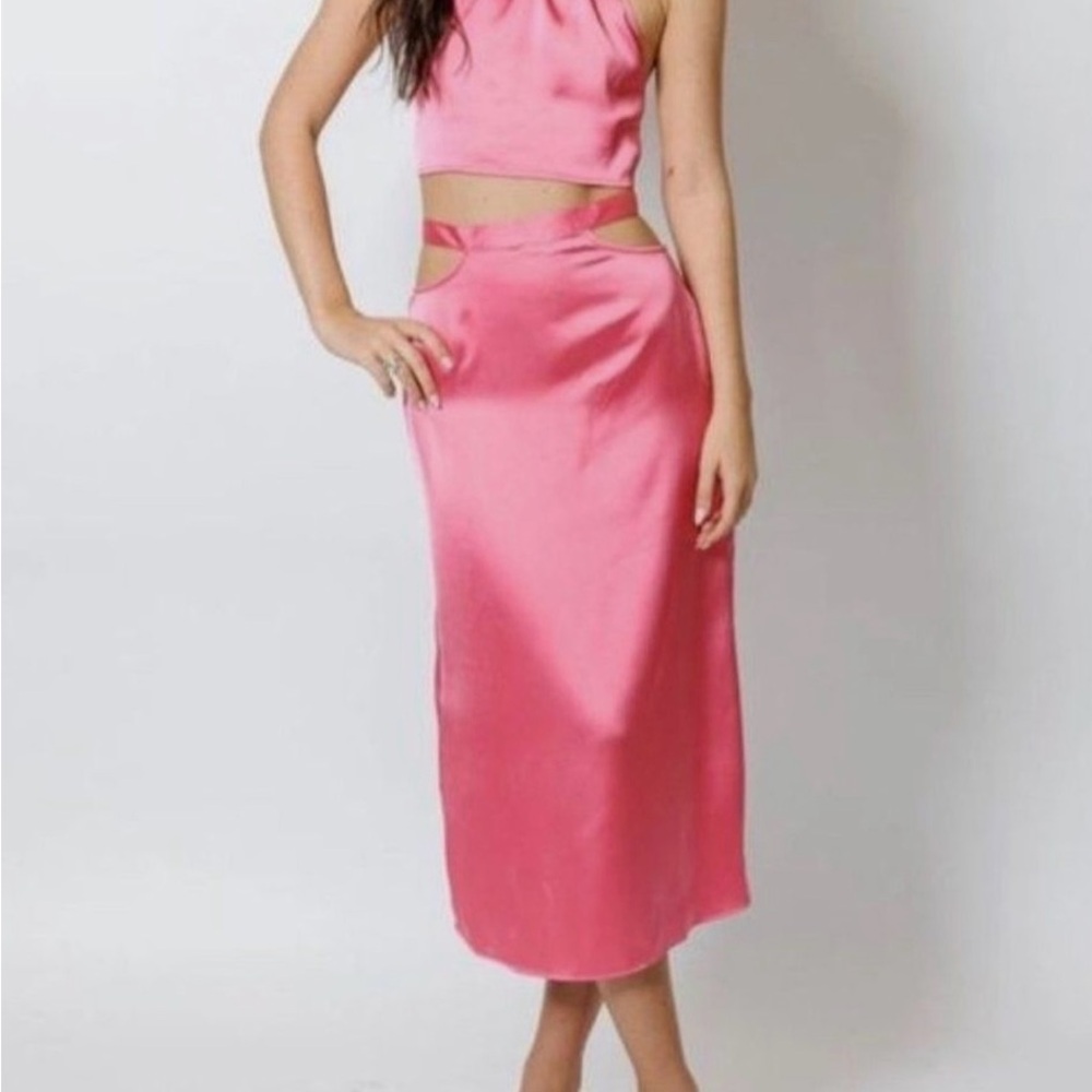 Pink Satin Midi Cutout Skirt